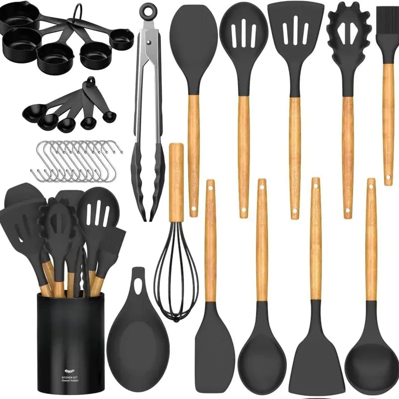 Kitchen Cooking Utensils Set, 33 Pcs Non-Stick Utensils Spatula Set with Holder，Kitchen Gadgets Cookware Hanging Sturdy Turner Steel Stainless Kitchen Accessories Kitchen Essentials Funky Kitchen Supplies Kitchen Gadgets