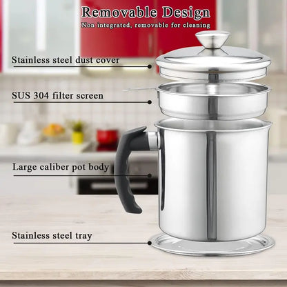 Stainless Steel Oil Pot with Filter, Kitchen Oil Dispenser with Tray & Lid, Bacon Grease Container, Kitchen Gadgets Cooking Food Oil Can, Home Kitchenware, Kitchen Accessories, Kitchen Strainer Utensils, Kitchen Pour Accessories