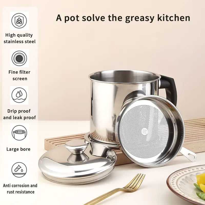 Stainless Steel Oil Pot with Filter, Kitchen Oil Dispenser with Tray & Lid, Bacon Grease Container, Kitchen Gadgets Cooking Food Oil Can, Home Kitchenware, Kitchen Accessories, Kitchen Strainer Utensils, Kitchen Pour Accessories