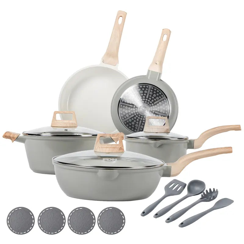 [ New ]FDN 16-Pc Aesthetic Cookware Collection, Non-Toxic Pfas-Free Titanium Caremic Granite Pots and Pans Set, Easy-Clean Oven & Dishwasher Safe, Induction Ready Cooking Set with 10" (24Cm) Fry Pan, Glass Lids, Kitchen Utensils, Aluminium, Deals for You