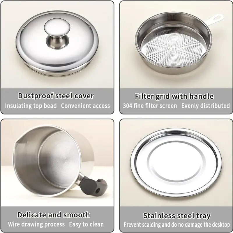 Stainless Steel Oil Pot with Filter, Kitchen Oil Dispenser with Tray & Lid, Bacon Grease Container, Kitchen Gadgets Cooking Food Oil Can, Home Kitchenware, Kitchen Accessories, Kitchen Strainer Utensils, Kitchen Pour Accessories