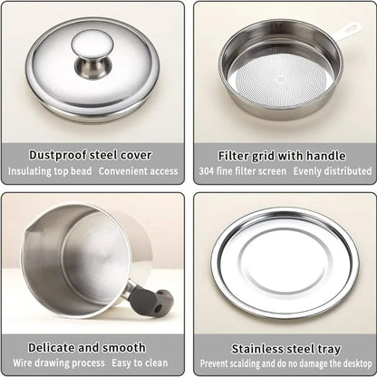 Stainless Steel Oil Pot with Filter, Kitchen Oil Dispenser with Tray & Lid, Bacon Grease Container, Kitchen Gadgets Cooking Food Oil Can, Home Kitchenware, Kitchen Accessories, Kitchen Strainer Utensils, Kitchen Pour Accessories