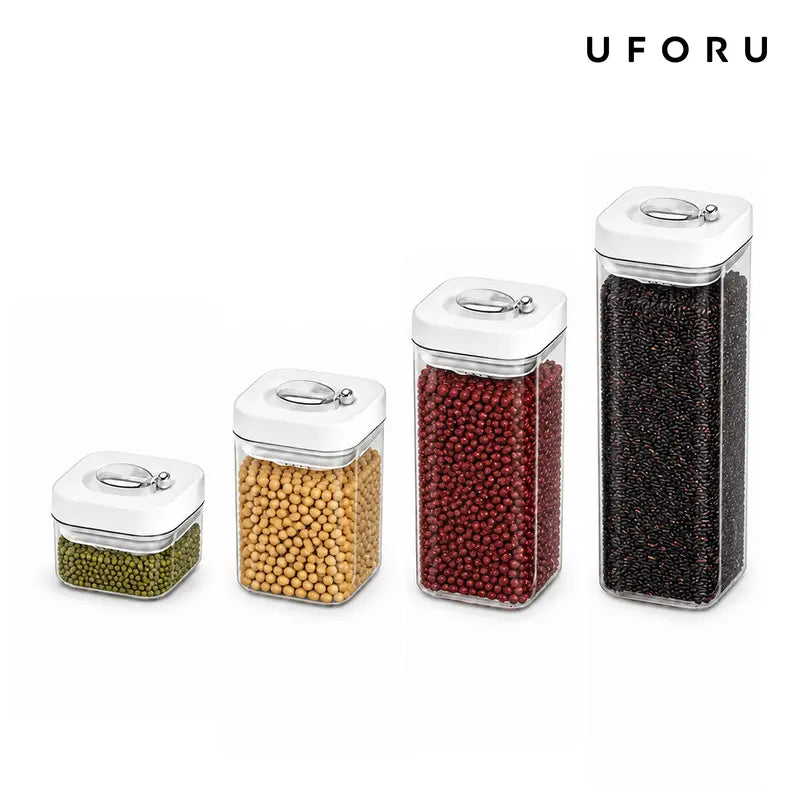 UFORU Wall-Fit Square Plastic Kitchen Container Set - Airtight Food Grade Sealable Dry Food Canisters with Rotating Seal Lids, Wide-Open Pour Pantry Organizers for Tight Spaces, Great for Rice and Pasta, Fresh Stays Longer