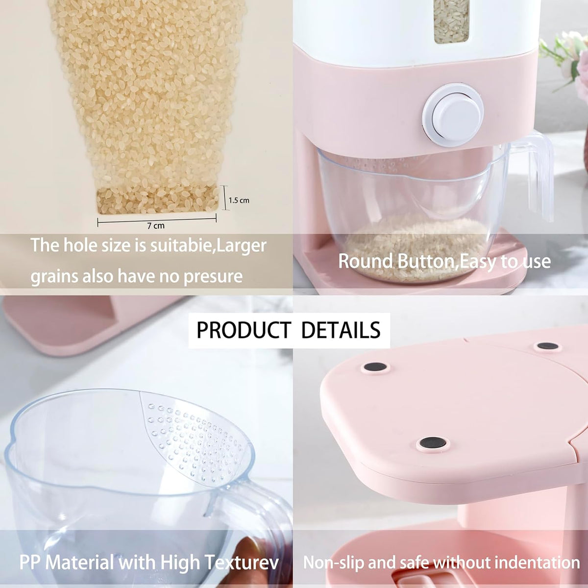 22.5-25 Lbs Pink Rice Dispenser, Rice Storage Container, Pink Rice Storage Container with Measuring Cup, Rice Holder Bucket for Household Kitchen Rice Soybean Corn