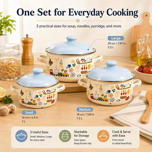 Durable Enamel 3-Piece Cookware Pots Set with Lids - Vintage Forest Printed, Double Handles, Varying Sizes (1L/1.5L/2.2L) Multi-Use for Soup, Pasta & Daily Cooking