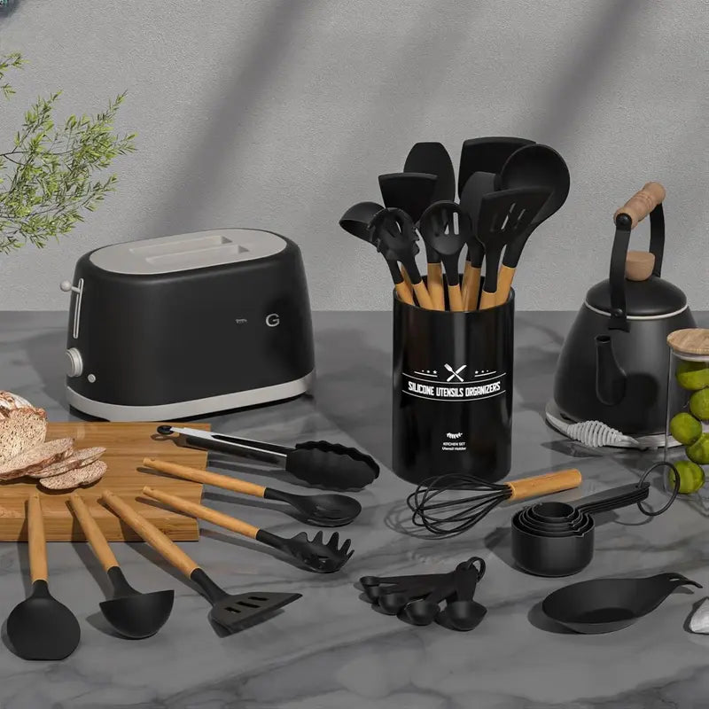 Kitchen Cooking Utensils Set, 33 Pcs Non-Stick Utensils Spatula Set with Holder，Kitchen Gadgets Cookware Hanging Sturdy Turner Steel Stainless Kitchen Accessories Kitchen Essentials Funky Kitchen Supplies Kitchen Gadgets