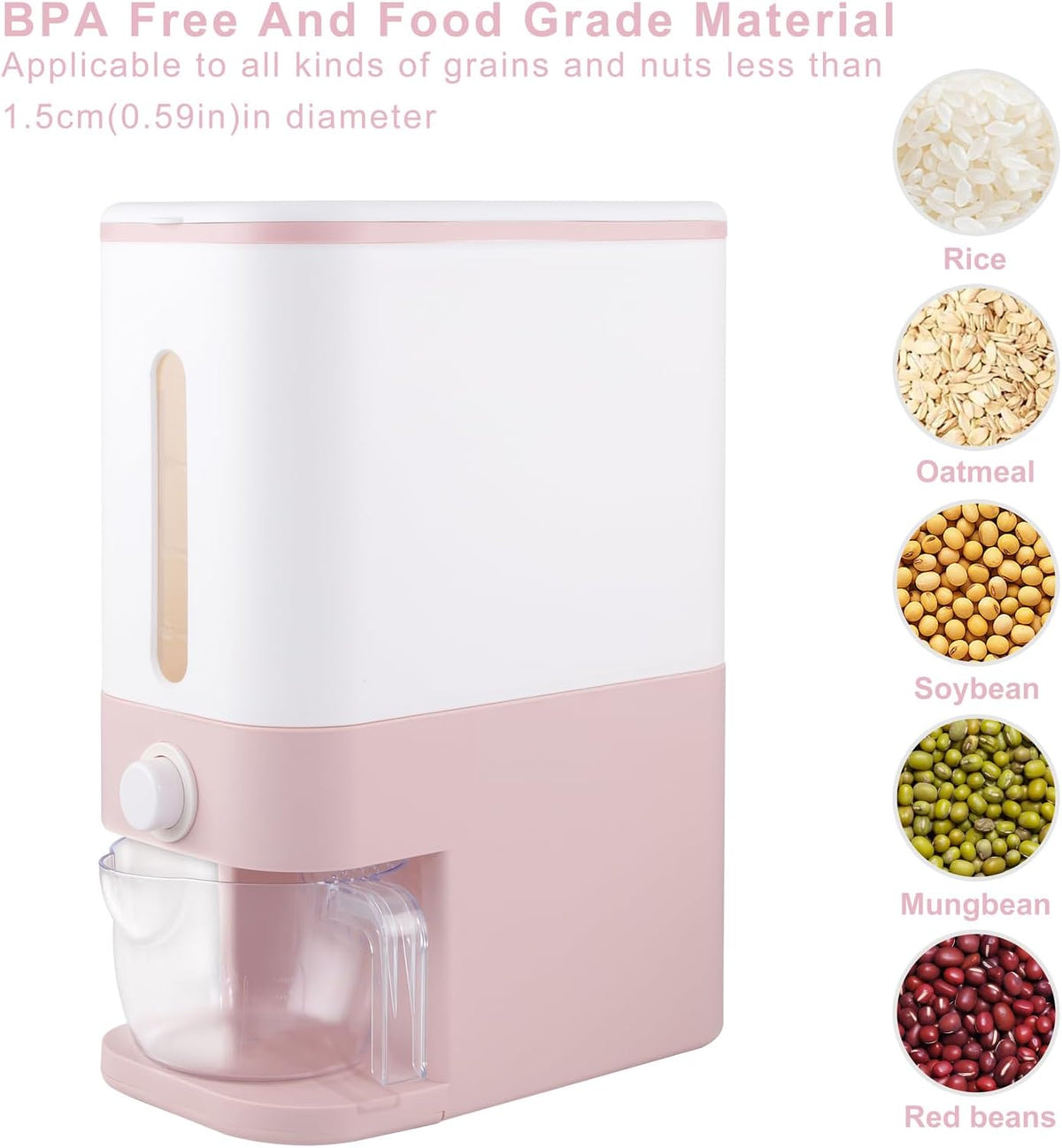 22.5-25 Lbs Pink Rice Dispenser, Rice Storage Container, Pink Rice Storage Container with Measuring Cup, Rice Holder Bucket for Household Kitchen Rice Soybean Corn