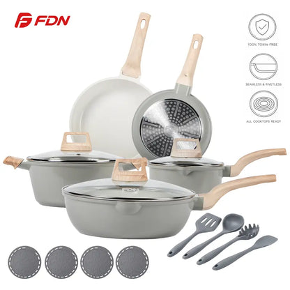 [ New ]FDN 16-Pc Aesthetic Cookware Collection, Non-Toxic Pfas-Free Titanium Caremic Granite Pots and Pans Set, Easy-Clean Oven & Dishwasher Safe, Induction Ready Cooking Set with 10" (24Cm) Fry Pan, Glass Lids, Kitchen Utensils, Aluminium, Deals for You